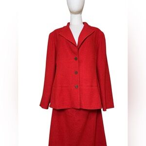Vintage CHANEL Red Tweed 2-Piece Jacket Skirt Set Size 46 1998 Wool Blend